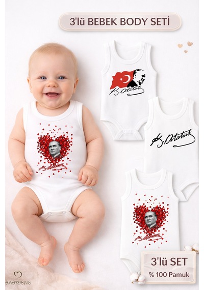 Babyden's 3 Lü Atatürk Temalı Bebek Body Seti %100 Pamuk Kolsuz Çıtçıtlı Zıbın Yenidoğan & Bebek Body Takımı Beyaz