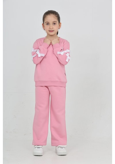 Erdem Kıds Kız Çocuk 3 İplik Şardonlu Kurdele Detaylı Basic Sweatshirt-bol Kesim Palazzo Eşofman Takım Pembe Pembe