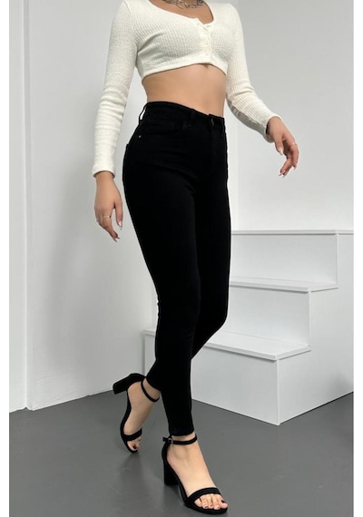 Kadın Siyah Süper Skinny Fit Esnek Likralı Denim Jean Kot Pantol