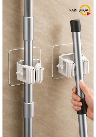 Mainshop 2 Li Paket Yapışkanlı Mop Süpürge Tutucu - Delmesiz Paspas Askısı M-310 Beyaz