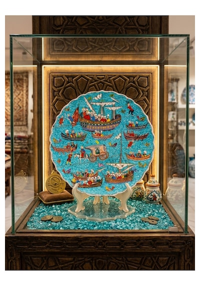Osmanlı Donanması & Boğaz Sefası Motifli Turkuaz Çini Tabak El Yapımı Minyatür Sanat Tabağı 1