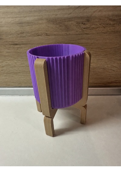 3d Baskı Ayaklı Çizgili Saksı - Bej Standlı Dekoratif Saksı - Mor -
