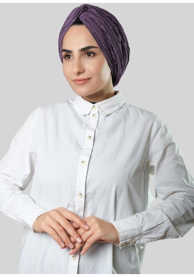 Hürrem Bone Mor Çapraz Büzgülü Piliseli Tesettür Bone Fukuro Kendinden Desenli 2316 22 Mor