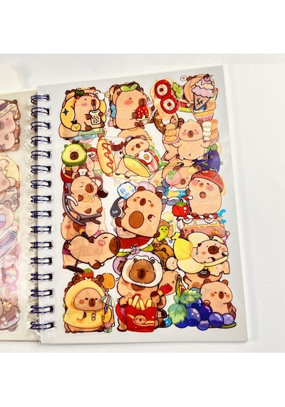 3'ü 1 Arada Spiral Defter Capybara 11x16.5 Cm Sticker Defteri Sarı Çok Renkli