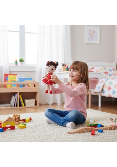 Kız Çocuklar İçin Kırmızı Elbiseli Tığ İşi Amigurumi Oyuncak Kırmızı