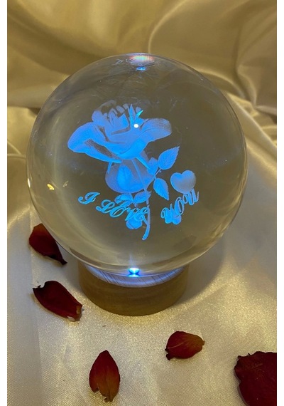 3d Led Işık Cam Küre Çok Işıklı Ahşap Gül I Love You Büyük Boy 10 Cm