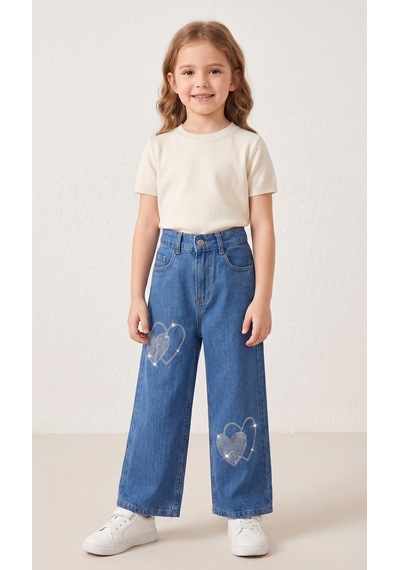 Storm Wear Çocuk Taşlı Kalp Desenli Pantolon Açık Mavi