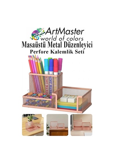 Bakır Yaldız Masaüstü Metal Kalemlik Seti 3 Lü Kombo 1 Paket Fileli Perfore Renkli Kalemlik Kağıtlık Küpnotluk Düzenle Bakır