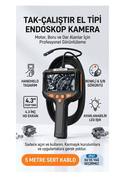 Profesyonel Endoskop Kamera Monitörlü El Tipi / 5 Metre