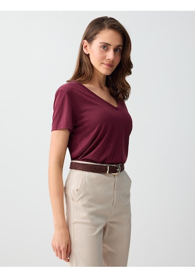 Jimmy Key Bordo V Yaka Kısa Kollu Modal Örme Tişört 6sw275489562