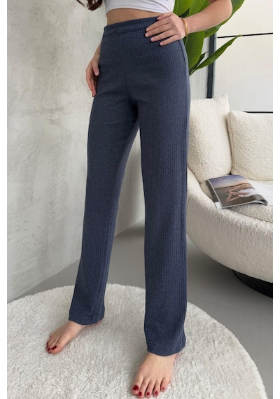 Kadın İndigo Yüksek Bel Fitilli Bol Paça Günlük İnce Eşofman Altı Pijama İndigo