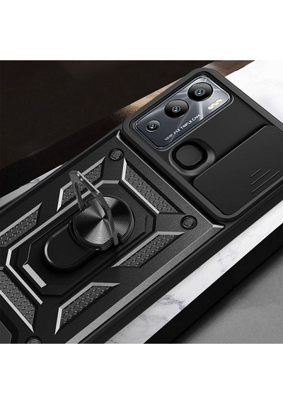 Ennar İnfinix Hot 12i Kılıf Magnetik Standlı Sürgülü Kamera Korumalı 360 Döner Yüzüklü Kapak Siyah