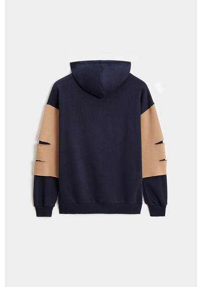 Shooter Sportwear Shooter Erkek Oversize Kapüşonlu Baskılı Kanguru Cepli Sweatshirt Lacivert - Bej