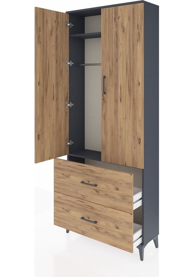 Arges Dolap 2 Raflı 2 Çekmeceli Tek Askılı 88x30x221 Antrasit-çam Antrasit