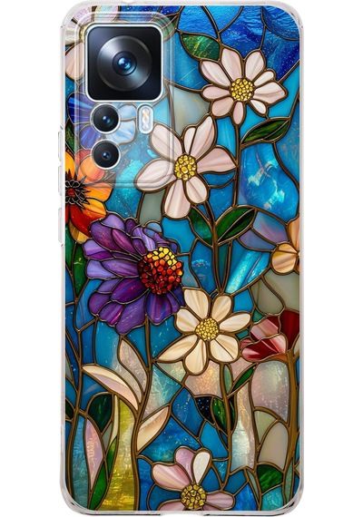 Printify Xiaomi Mi 12t İle Uyumlu Vitray Mavi Bahar Tasarımlı Şeffaf Silikon Kılıf Şeffaf