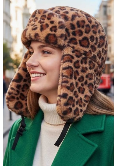 Uniquetrenders Kadın Leopar Desenli Peluş Kalpak Pilot Şapka Leopar