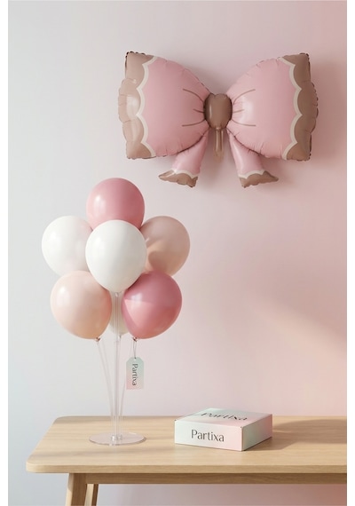 Retro Pembe Fiyonk Balon Stand Seti Şeffaf 7 Li Stand + Retro Pembe Fiyonk Folyo Balon 91 60 Cm + 7 Lateks Balon Beyaz - Pembe