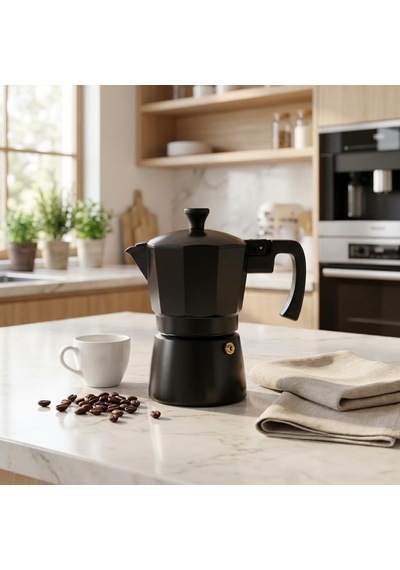 Siyah Moka Pot 3 Fincanlık, 180 Ml Alüminyum Espresso Demliği, Ocak Üstü Kahve Cezvesi, Gazlı Elektrikli Seramik Ocak Uyumlu, 9x12x17 Cm