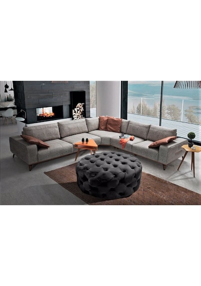 Yuvarlak Chester Model Kapitoneli Oval Orta Puf - Modern Puf Gri
