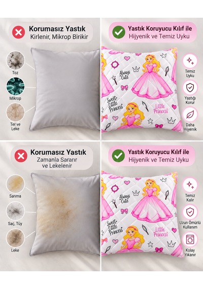 Kapitone Fermuarlı Yastık Alezi 50x70 Cm Pamuklu Yastık Koruyucu Kılıf Elyaf Dolgulu Pembe Prenses
