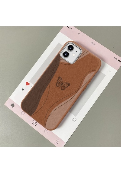 İphone 11 Uyumlu Kahverengi Deri Dokulu Silikon Kamerayı Korur Şok Emici Kılıf 2