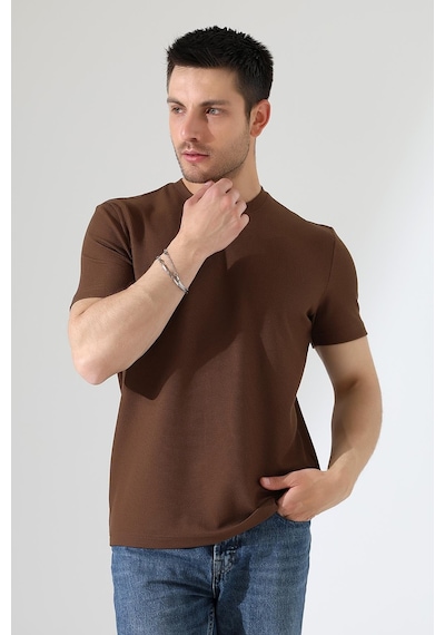 Erkek Fitilli Slim Fit Bisiklet Yaka Düz Renk T-shirt Kahverengi
