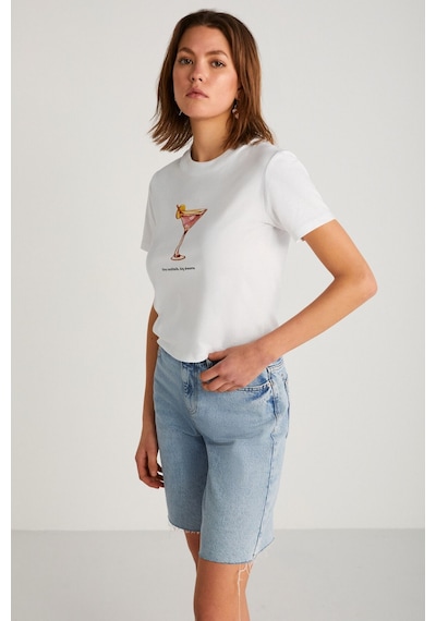 Grımelange Ivonne Kadın Cocktail Baskı Desenli Kısa Kollu Organik Pamuklu Bisiklet Yaka Crop Beyaz T-shirt
