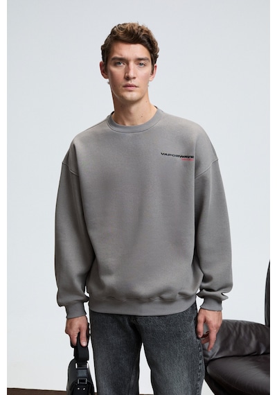 Grimelange PERCY Erkek Yuvarlak Yaka Göğsü Baskılı Sırtı Baskılı Oversize Koyu Gri Sweatshirt