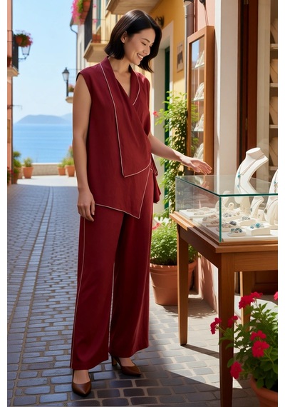 Benerly Kadın Büyük Beden Kolsuz Kruvaze Yaka Oversize Bluz Pantolon Takı Bordo