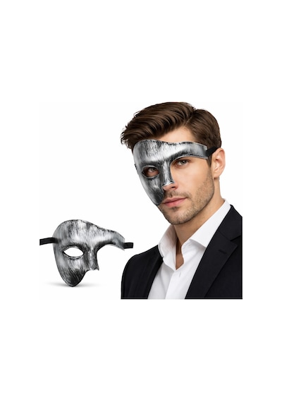 Cosmotex Antik Eskitme Gümüş Erkek Yarım Maske - Phantom &amp Balo Maskesi Yetişkin