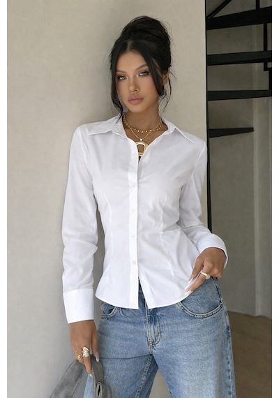 Kadın Premium Gömlek Slim Fit Uzun Kollu Şık Ofis Günlük Kombin Basic Klasik Gömlek Beyaz