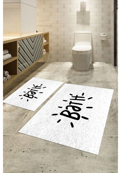 Buççin Online Mağaza Dijital Baskılı Kaymaz Yıkanabilir Bath İkili Banyo Takımı Klozet Takımı Polyester Beyaz Çok Renkli