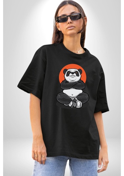 Yoga Panda Pamuklu Bisiklet Yaka Unisex Oversize Boyfriend Dijital Baskılı Siyah T-shirt Siyah
