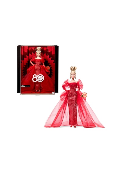 Işıltılı Kırmızı Tül Elbisesi, Damla Küpeleri Ve Tül Eldivenleri İle Sarı Saçlı Bebek, Koleksiyona Uygun Mattel 80. Yıl Dönümü Bebeği, Jbj17