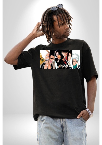 Bleach Anime Pamuklu Bisiklet Yaka Unisex Oversize Boyfriend Dijital Baskılı Siyah T-shirt Siyah