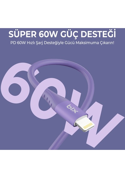 Bix ﻿BXSC1CL 60W Type-C To 1.2 M Lightning Silikon Şarj ve Data Kablosu Lavanta