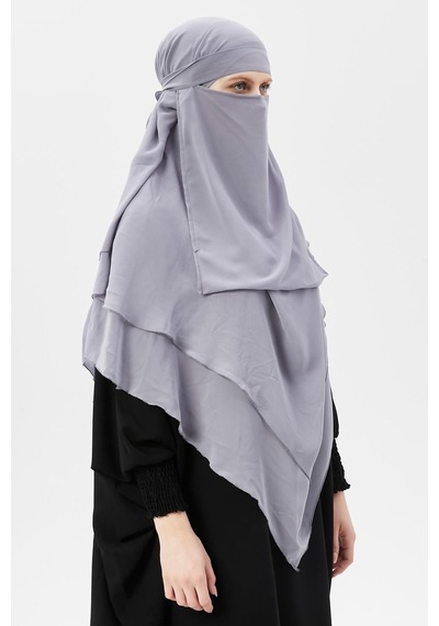 Altobeh Hazır Pratik Şifon Üç Katlı Peçeli Üçgen Hac Umre Şalı Sufle Hijab Nikap Gri