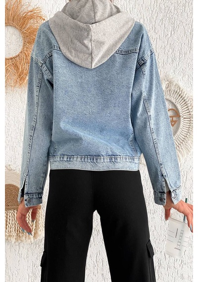 Kadın Çıkarılabilir Kapüşonlu Cepli Denim Ceket Astarsız & Çok Amaçlı Kullanım Mavi