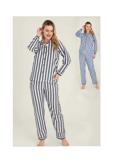 Moda Dua Freshness 4007 Kadın Uzun Kol Çizgili Gaffuriye Pijama Takımı mavi