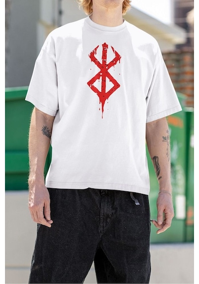 Berserk Logo Baskılı Unisex Tişört, Oversize Anime Dizi Baskılı T Beyaz