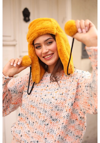 Kadın Kürklü Kulaklıklı Peluş Şapka Rkş-04 Hardal Hardal