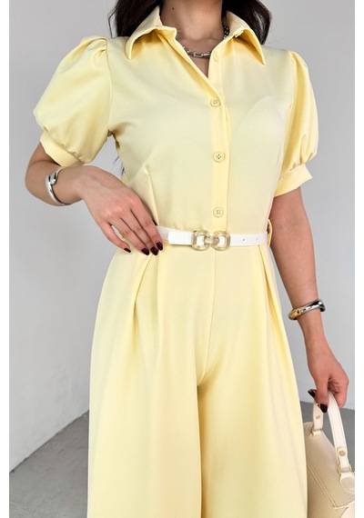 Neşeli Butik Kadın Gömlek Yaka Kemerli Geniş Paça Tulum Nbk4197 Sarı