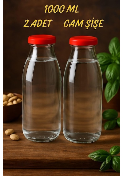 2 Adet 1 Litre Şeffaf Sürahi Süt, Ayran, Su, Limonata, Meşrubat Şişesi Plastik Kapaklı Cam Şişe