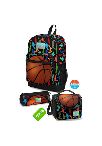 Siyah Basketbol Desenli Okul Sırt Çantası,thermo Beslenme,üç Bölmeli Kalemlik 3'lü Set Go23471set02