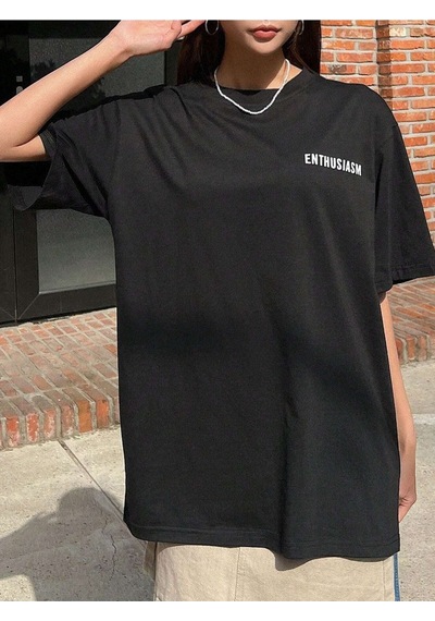 Unisex Siyah Oversize Enthusiasm Baskılı Örme T-shirt Siyah