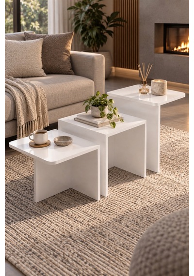 Sulorahome 3'lü Modern Beyaz Zigon Sehpa Seti