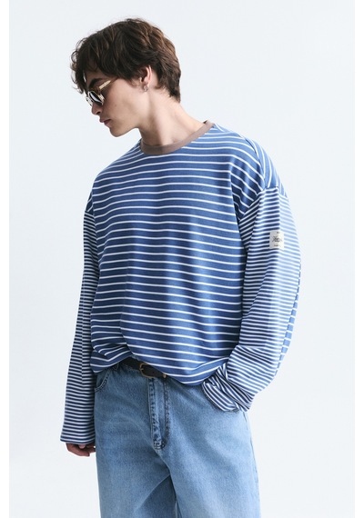 Vamos Kontrast Yaka Çizgili Sweatshirt Ekru-ındigo