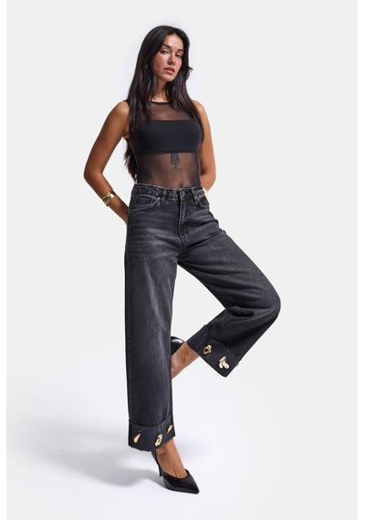 Kadın Koyu Füme 2w6-1 Relaxed Fit Aksesuar Detaylı Özel Tasarım Denim Jean