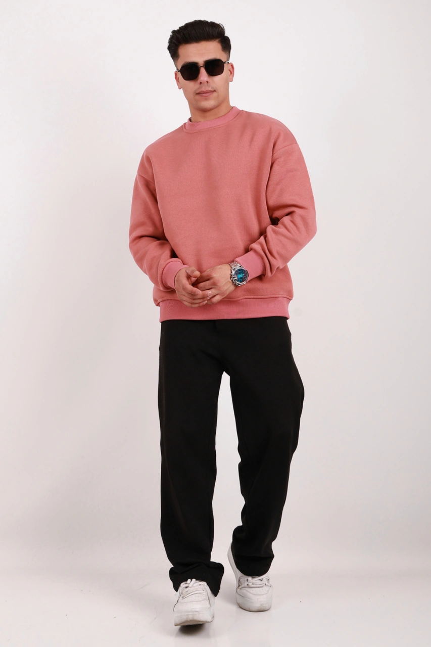 Erkek Standart Fit Bol Kesim %100 Pamuklu Içi Şardonlu 3 Iplik Bisiklet Yaka Sweatshirt Mercan