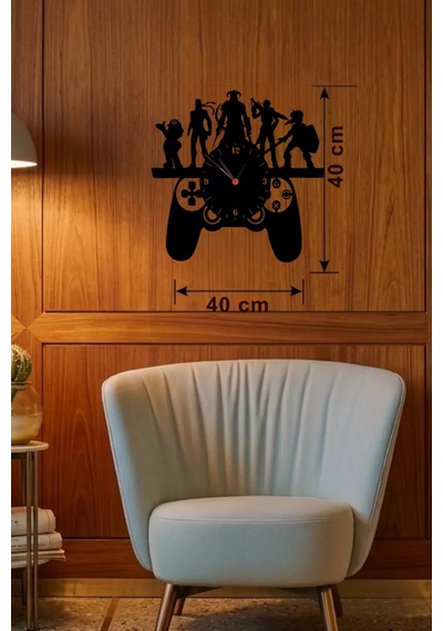 Gamer Oyun Odası Dekoratif Duvar Saati - 40x40 Cm Lazer Kesim Ahşap Joystick Ve Oyun Karakterli Saat Diğer